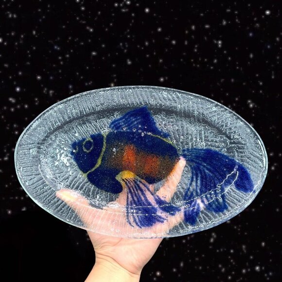 Large Fused Studio Art Glass Fish Tray Dish Hand Made Clear Glass 13.5”Long 8”W - Picture 13 of 15